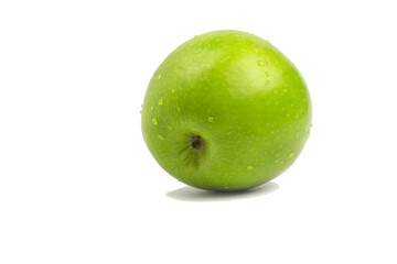 Fresh green apple with water drops isolated on white background with shadow.