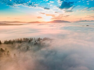 Obraz na płótnie Canvas Fog spreads over the mountains at dawn. The sun rises on the horizon. Ukrainian Carpathians in the morning. Aerial drone view.