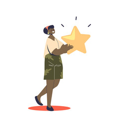 Happy girl holding golden rating star. User, consumer or customer feedback review system concept