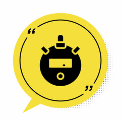 Black Stopwatch icon isolated on white background. Time timer sign. Chronometer sign. Yellow speech bubble symbol. Vector