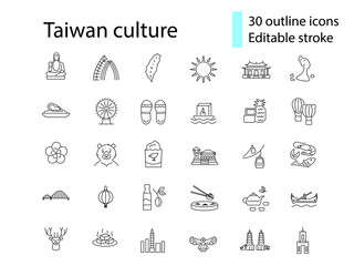 Oriental culture of Taiwan outline icons set. Taiwanese attractions. Editable stroke. Isolated vector stock illustration