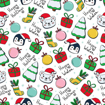 Seamless Christmas pattern with cute polar bear, penguin, gifts and Christmas tree with decorations. Text: Happy holiday! A vector image. Children's illustration for background and wrapping paper