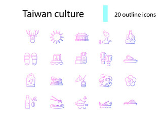 Taiwan outline icons set. Oriental attractions. Taiwanese national specialty. Isolated vector stock illustration