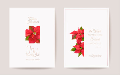 Obraz na płótnie Canvas Poinsettia Realistic Vector Christmas Card Set, Floral Happy New Year Illustration. Mistletoe Frame Design Set