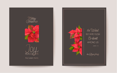 Set of Elegant Merry Christmas and New Year Card with Poinsettia Realistic Flowers, Floral Wreath