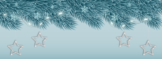 Beautiful elegant frosty christmas tree branches with metallic stars, snowflake and garland lights. Place for text. Illustration for greeting card, invitation, flyer, banner or wallpaper. High quality