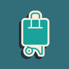 Green Suitcase for travel icon isolated on green background. Traveling baggage sign. Travel luggage icon. Long shadow style. Vector