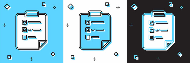 Set Clipboard with checklist icon isolated on blue and white, black background. Control list symbol. Survey poll or questionnaire feedback form. Vector