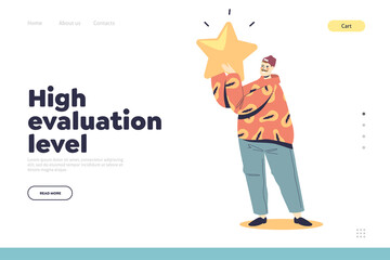 High evaluation level concept of landing page with happy man giving review hold golden rating star