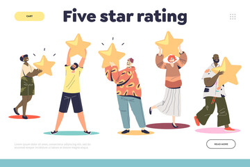 Five star rating concept of landing page with people giving high rank to service or business