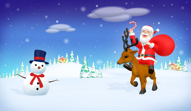 Santa Claus carrying a red gift bag riding a deer to bring gifts to children on Christmas.3d illustration.