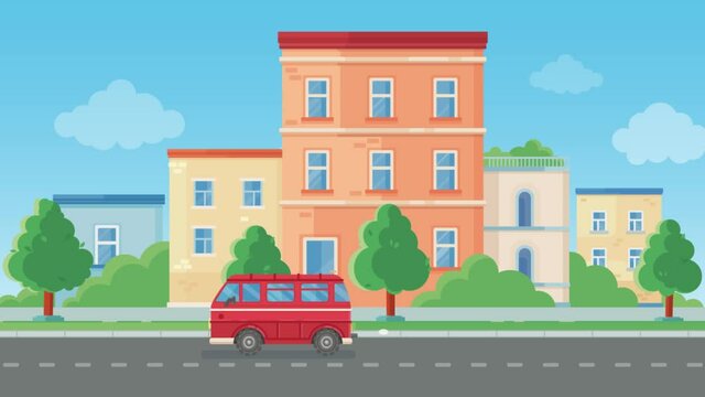 animated bus on the background of the cityscape