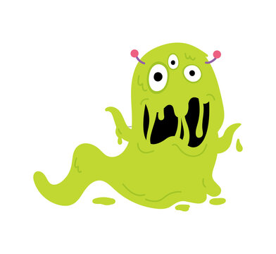 Cartoon slime monster isolated on white background. Cute monster character. Design for print, Halloween party decoration, illustration, logo, emblem or sticker. Vector illustration in cartoon style.