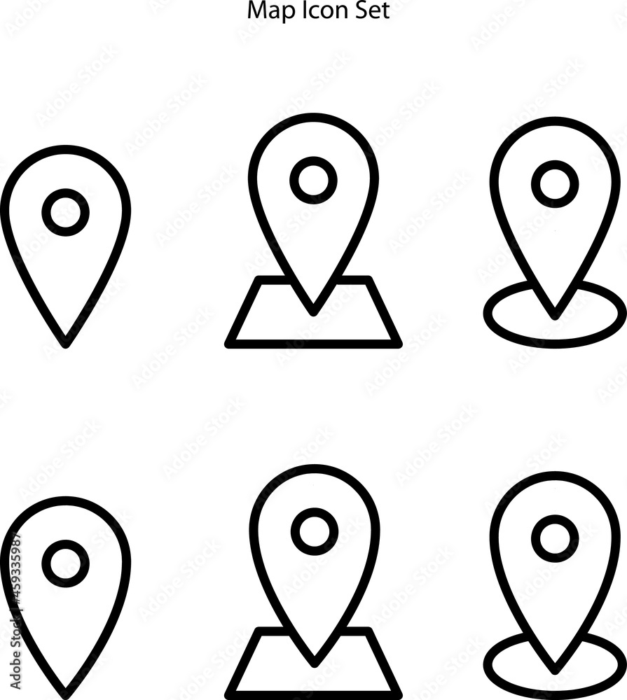 Poster map location icons set isolated on white background. map location icon thin line outline linear map 