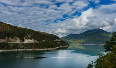 Famous Zhinvali reservoir in Caucasus mountains in Georgia