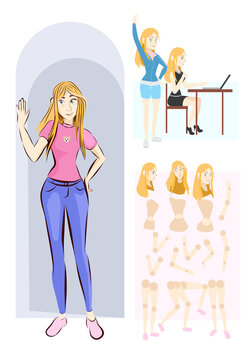 Blond hair girl character, body part different poses and clothes. Woman vector art, person. Kit body parts different angles.