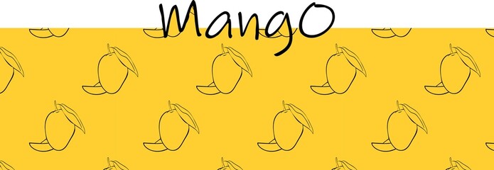 Exotic mango fruit in the style of doodles, outline. Isolated vector illustration with calligraphy and seamless pattern. Modern typographic banner, label template, packaging. Horizontal Design.