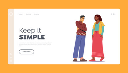 Multiethnic Couple Talking Landing Page Template. Asian Man and African Woman Speaking. People Chatting, Meeting