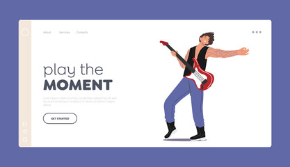 Artist with Amp Performing Concert Landing Page Template. Male Rock Guitarist Wearing Jeans Playing on Electric Guitar