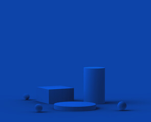 3d blue podium modern minimal design in studio background. Abstract 3d geometric shape object illustration render. Display for valentine product.