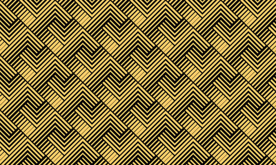 Abstract geometric pattern with stripes, lines. Seamless vector background. Gold and black ornament. Simple lattice graphic design