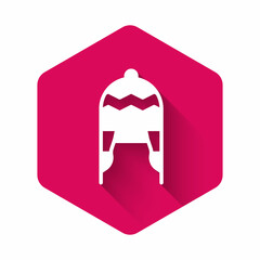 White Winter hat icon isolated with long shadow background. Pink hexagon button. Vector