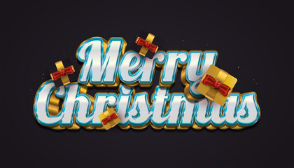Merry Christmas Greeting with Luxury 3D Lettering and Elegant Gift Box in Black and Gold
