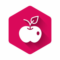 White Apple icon isolated with long shadow background. Excess weight. Healthy diet menu. Fitness diet apple. Pink hexagon button. Vector