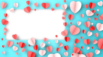 Happy Valentine's Day kraft paper design, contains pink 3D hearts, soft blue background with a field for inscriptions, 3D rendering.