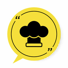 Black Chef hat icon isolated on white background. Cooking symbol. Cooks hat. Yellow speech bubble symbol. Vector