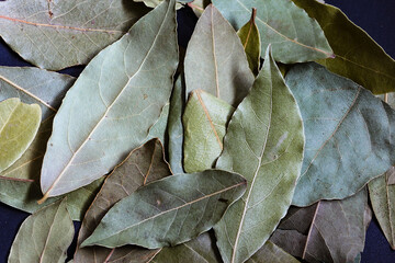 Dried green bay with textured background. Aromatic dried bay leaves texture background