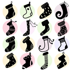 Black Christmas Stocking Santa Claus Socks hand drawn design elements illustration. Calligraphy holiday New Year icon set winter with fir tree star for decoration pattern in green pink circle