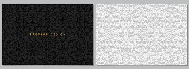 Decorative banners, cover design black and white set, horizontal vector templates. Geometric volumetric convex ethnic 3D pattern. Eastern, Indonesian, Mexican, Aztec style.