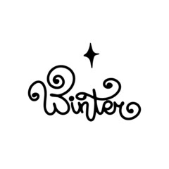 Hand written Winter lettering text with star on white background. Black Christmas invitation greeting card for sticker print napkin poster banner textile. Calligraphy design element illustration.