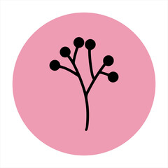 Hand drawn black berry Gelder rose plant on pink stamp illustration. Beautiful winter branch logo icon element Graphic design handdrawn Christmas holly template Decoration floral stock symbol sticker
