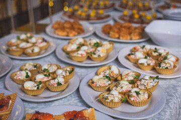 Catering table buffet dinner, beautifully decorated banquet with variety of different food snacks and appetizers on corporate birthday party event or wedding reception, canape, delicatessen setting