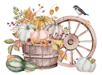 Watercolor rustic composition with pumpkins, flowers, birds and a wooden wagon wheel. Fall harvest.