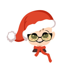 Child with big eyes and wide happy smile in a red Santa hat and glasses. Cute kid with joyful face in festive costume for new year and Christmas. Head of adorable baby with joyful emotions