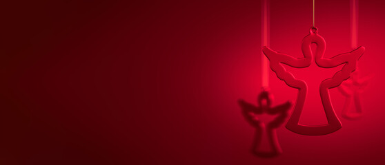 Three hanging glass silhouettes of angel against burgundy red background.