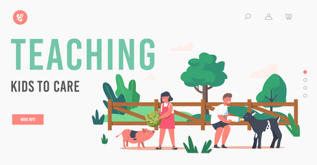 Naklejka premium Contact Zoo Landing Page Template. Kids Feeding Piglet and Goatling in Cage at Outdoor Farm. Children Characters Leisure