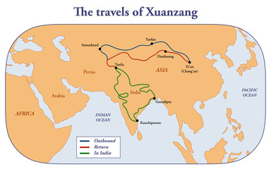 Naklejka premium Map of the voyages of Chinese traveler Xuanzang