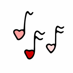 Doodle Valentines cute red and pink musical signs. Hand-drawn love sound symbol on white background. Outline Note in the shape of a heart. Wedding, feeling, song image. Vector music illustration