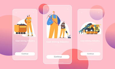 Coal Mining Industry Mobile App Page Onboard Screen Template. Miners Work on Quarry with Tools, Transport and Technique