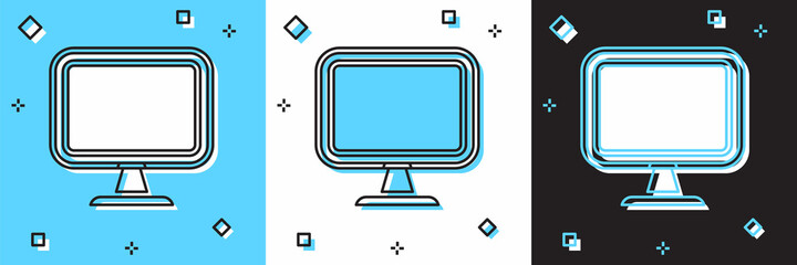 Set Computer monitor screen icon isolated on blue and white, black background. Electronic device. Front view. Vector