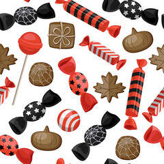 Bright cartoon sweets for Halloween. Vector seamless pattern. Chocolate, lollipops, gum, candies with orange and black striped wrapper isolated on white background.