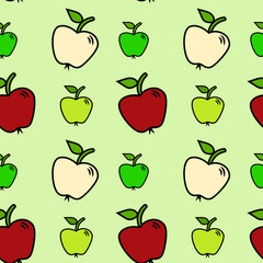 Apples on a light green background seamless pattern. Red and green apples on a green background seamless pattern.