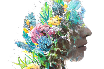 Paintography. Hand painted colorful plants combined with a silhouette of woman