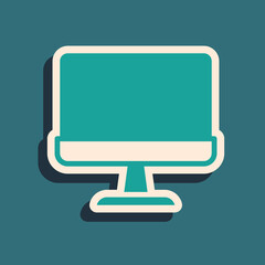 Green Computer monitor screen icon isolated on green background. Electronic device. Front view. Long shadow style. Vector