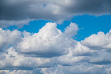 Blue sky background with white clouds. Beautiful clouds at sunset.