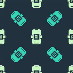 Green and beige Artificial intelligence AI icon isolated seamless pattern on blue background. Machine learning, cloud computing, automated support assistance and networks. Vector